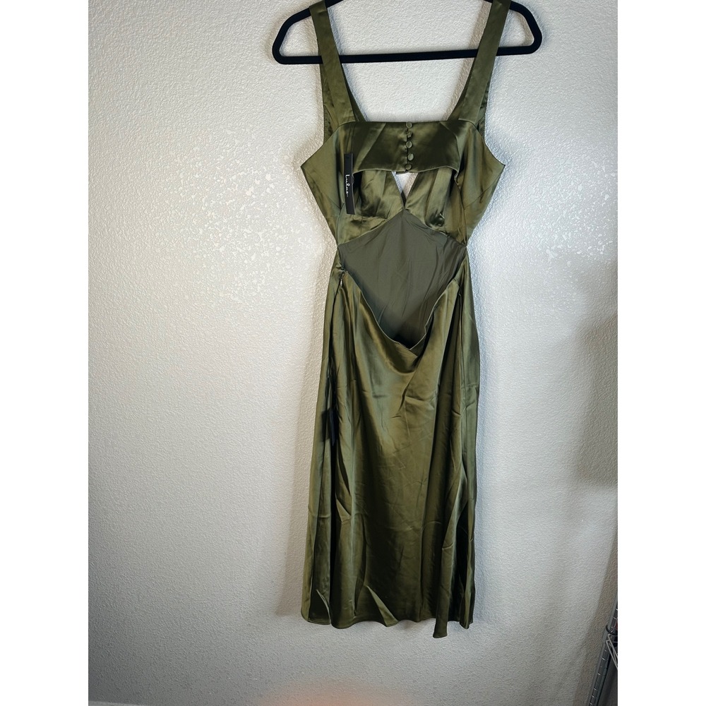 Lulus Unmatched Elegance Olive Green Satin Back Cutout Midi Dress Size Medium - Picture 8 of 11